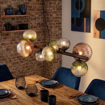 Chehalis hanging light, globe light, pendant light blue, green, clear, coppery, 8-light sources