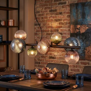 Chehalis hanging light, globe light, pendant light blue, green, clear, coppery, 8-light sources