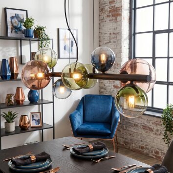 Chehalis hanging light, globe light, pendant light blue, green, clear, coppery, 8-light sources