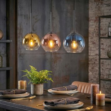 Koyoto hanging light, globe light, pendant light blue, gold, clear, coppery, 3-light sources