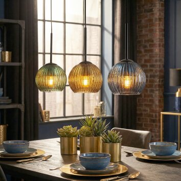 Koyoto hanging light, globe light, pendant light blue, gold, green, 3-light sources