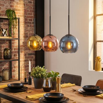 Koyoto hanging light, globe light, pendant light blue, gold, coppery, 3-light sources
