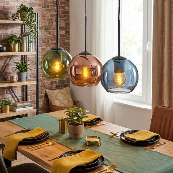 Koyoto hanging light, globe light, pendant light blue, green, coppery, 3-light sources