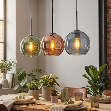 Koyoto hanging light, globe light, pendant light blue, green, coppery, 3-light sources