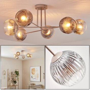 Ripoll ceiling light, globe light sand-coloured, 6-light sources