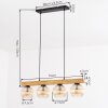Wooden beam hanging light Koyoto, adjustable at installation, 4 amber ribbed glass shades