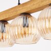 Wooden beam hanging light Koyoto, adjustable at installation, 4 amber ribbed glass shades