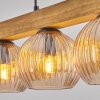 Wooden beam hanging light Koyoto, adjustable at installation, 4 amber ribbed glass shades