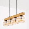 Wooden beam hanging light Koyoto, adjustable at installation, 4 amber ribbed glass shades