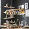 Koyoto wooden bar pendant light with 5 tinted globe glass shades, length 95 cm
