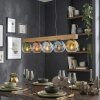 Koyoto wooden bar pendant light with 5 tinted globe glass shades, length 95 cm