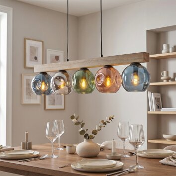 Ripoll wooden beam pendant light for dining table, 95 cm, 5-light coloured glass