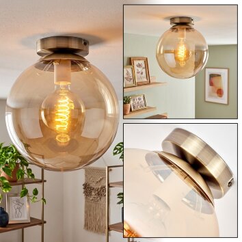 Gastor flush mount ceiling light with amber glass globe, E27 retro fixture
