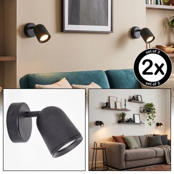 LED Wall spotlight Lemak, 2-piece set, swivel cylindrical head, black shade for the couch