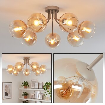 Globe light Koyoto, modern cluster with seven amber and clear glass shades, E14