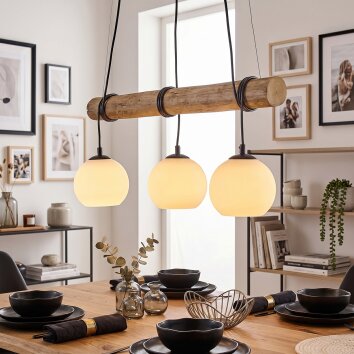 Koyoto 3-light wooden rod pendant light with globe shades, length 60 cm
