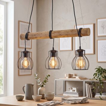 Gondo 3-light E27 wood rod pendant light with cage-style shades, 60 cm length