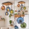 Cluster ceiling light Koyoto, 4 colorful glass shades, wood canopy, for the dining table