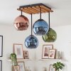Cluster ceiling light Koyoto, 4 colorful glass shades, wood canopy, for the dining table