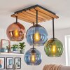 Cluster ceiling light Koyoto, 4 colorful glass shades, wood canopy, for the dining table