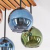 Cluster ceiling light Koyoto, 4 colorful glass shades, wood canopy, for the dining table