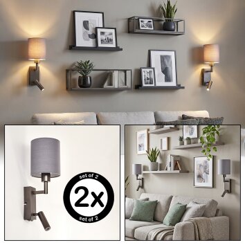 Turil LED wall reading lights set of 2 with grey fabric shade, rotatable spot