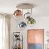 Globe ceiling light Gastor, 4 glass shades in coppery, clear, green and smoke-coloured