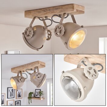 Scandinavian ceiling spotlight Herford with two rotating heads and wood bar, sand-coloured