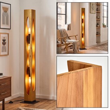 Boho Style Floor Lamp Sernadelo with sculptural wooden panels and 4 exposed E27 sockets
