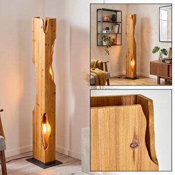 Wood floor lamp Sernadelo with live-edge column and light cut-outs, Boho-style in Ecru