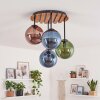 Cluster ceiling light Gastor with wood slats and blue, green and coppery glass shades