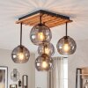 Modern cluster ceiling light Koyoto with 5 smoke-coloured glass shades, wood-slat canopy