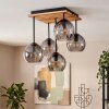 Modern cluster ceiling light Koyoto with 5 smoke-coloured glass shades, wood-slat canopy