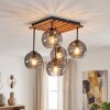 Modern cluster ceiling light Koyoto with 5 smoke-coloured glass shades, wood-slat canopy