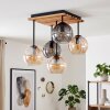 Cluster Ceiling Light Koyoto with wooden slat canopy, 5 amber and smoke glass shades