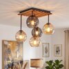 Cluster Ceiling Light Koyoto with wooden slat canopy, 5 amber and smoke glass shades