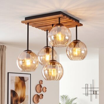 Cluster ceiling light Koyoto with five amber rippled glass shades and slat canopy
