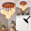 Scandinavian cluster ceiling light Gastor with wooden slat canopy and 5 white glass shades