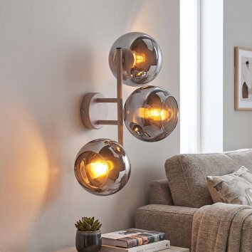 Modern Cluster Wall Light Koyoto with Three Round Chrome and Smoke-Coloured Glass Shades