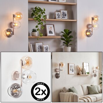 3-light wall lamp Koyoto, 2-piece set, with vertical glass shades in smoke, amber and clear