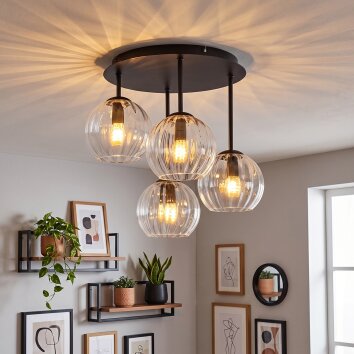 Modern Cluster Ceiling Light Koyoto with 4 clear ribbed glass shades, ø 15 cm