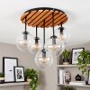 Cluster ceiling light Gastor with round wooden slat canopy, 5 clear glass shades, ø 15 cm