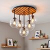 Cluster ceiling light Gastor with round wooden slat canopy, 5 clear glass shades, ø 15 cm