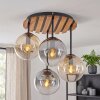 Cluster ceiling light Gastor with wood slats, four glass shades in amber, smoke, clear