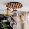 Cluster ceiling light Gastor with wood slats, four glass shades in amber, smoke, clear