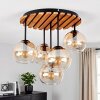 Modern Cluster Ceiling Light Koyoto, Ecru Wood Slats, 5 Amber-Clear Glass Shades