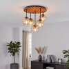 Modern Cluster Ceiling Light Koyoto, Ecru Wood Slats, 5 Amber-Clear Glass Shades