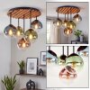 Cluster ceiling light Gastor with wooden slatted canopy and colourful glass shades