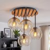 Cluster Ceiling Light Koyoto with Wood Slats, 4 Amber and Clear Glass Shades, Boho Style