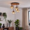 Cluster Ceiling Light Koyoto with Wood Slats, 4 Amber and Clear Glass Shades, Boho Style